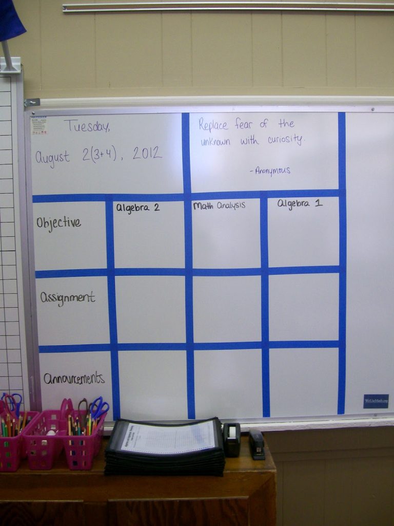 dry erase board in high school math classroom. 