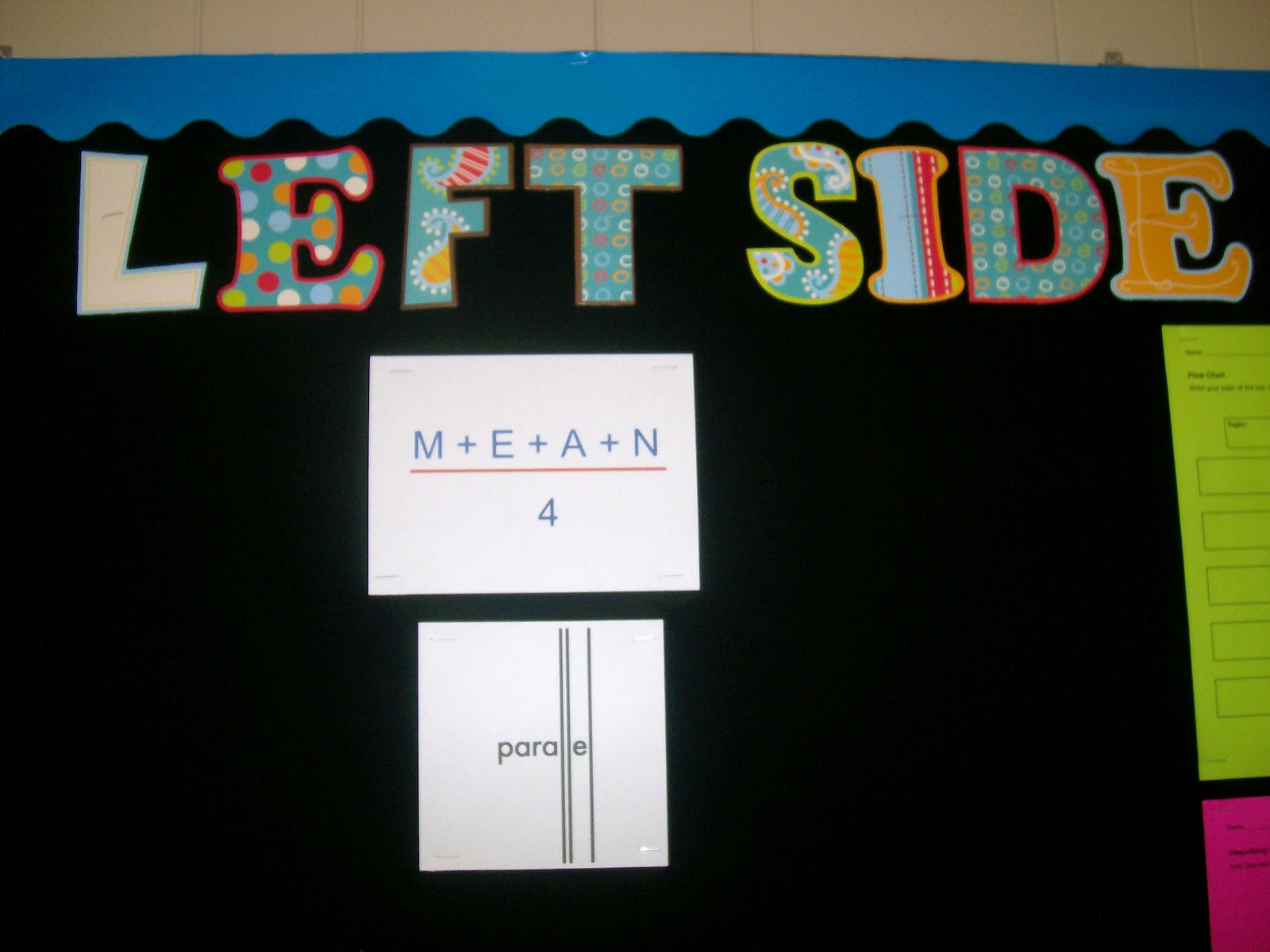 vocabulary picture diagrams on bulletin board. 
