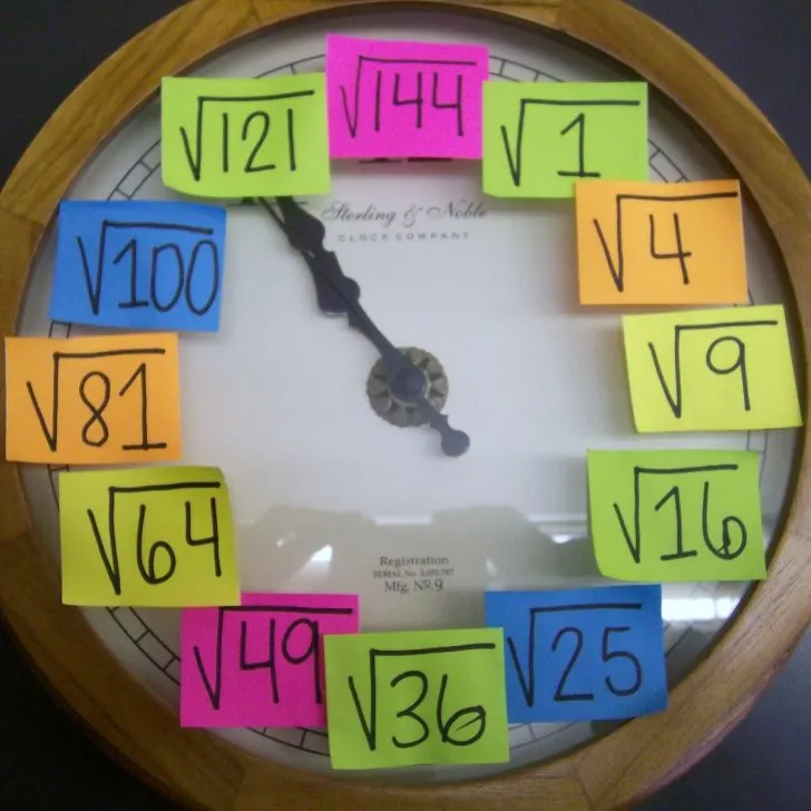 clock with square root sticky notes taped on top.
