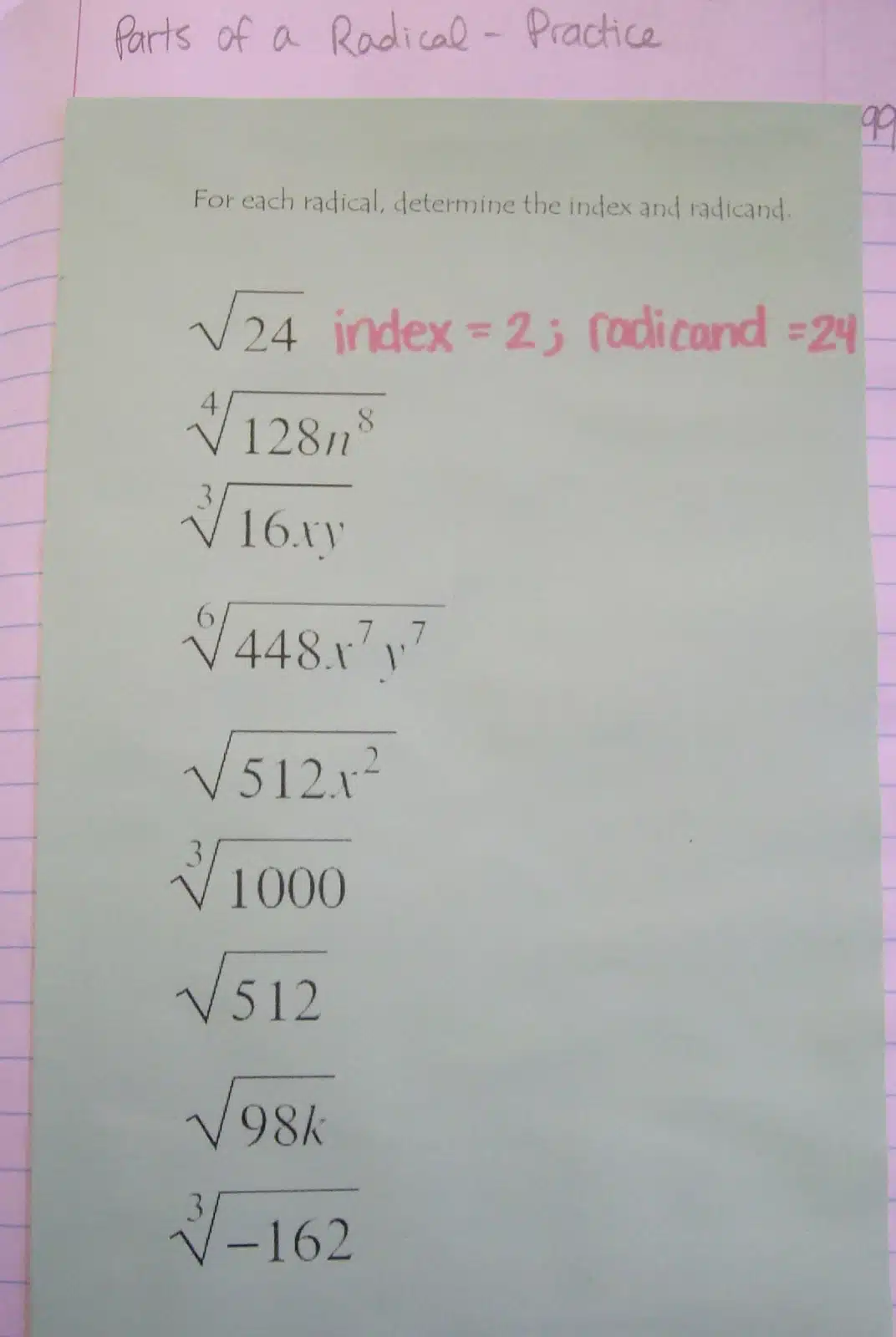 parts of a radical graphic organizer radicand index radical algebra interactive notebook math