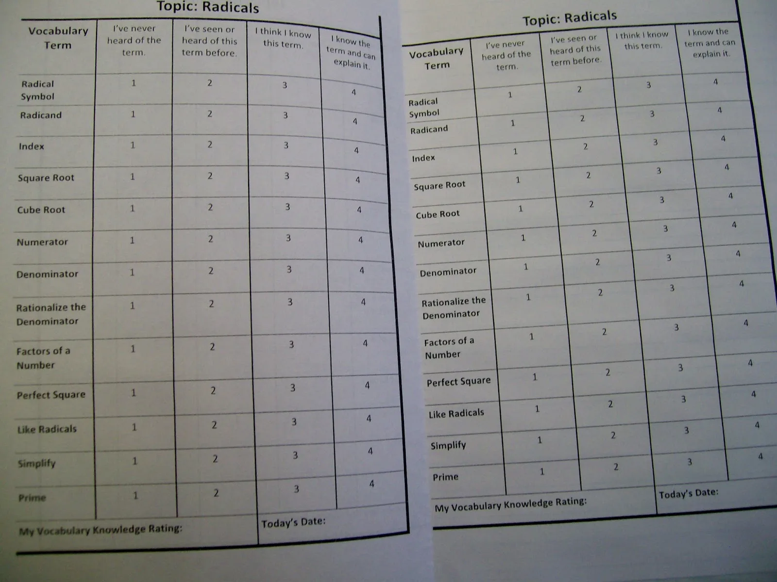 vocabulary knowledge survey - vocabulary knowledge rating chart for radicals