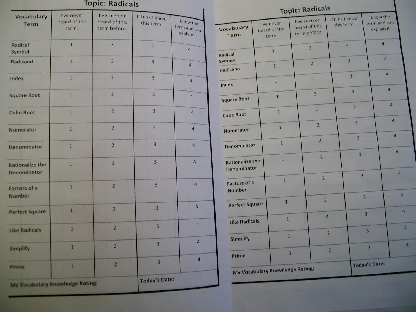 vocabulary knowledge survey - vocabulary knowledge rating chart for radicals