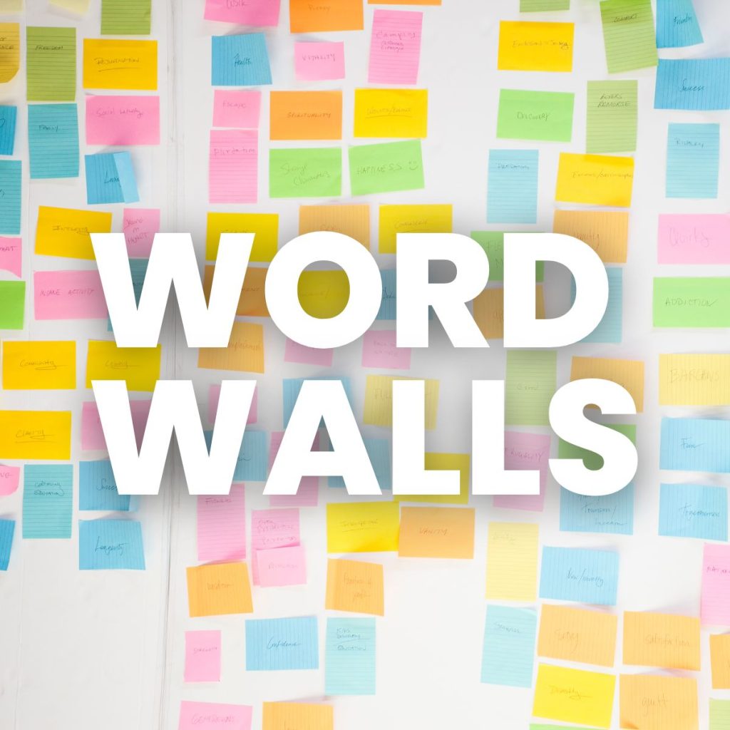 wall covered in post-it notes with title over image of "word walls" 