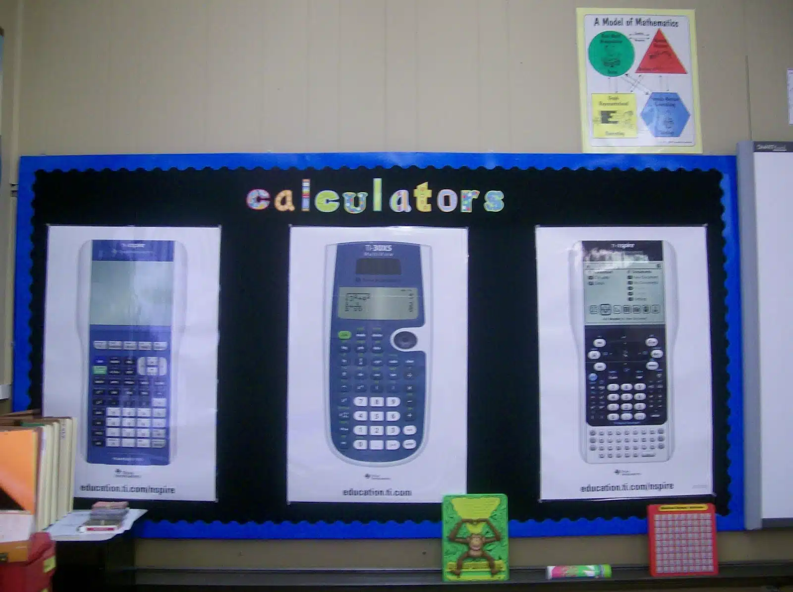 calculators bulletin board in high school math classroom. 