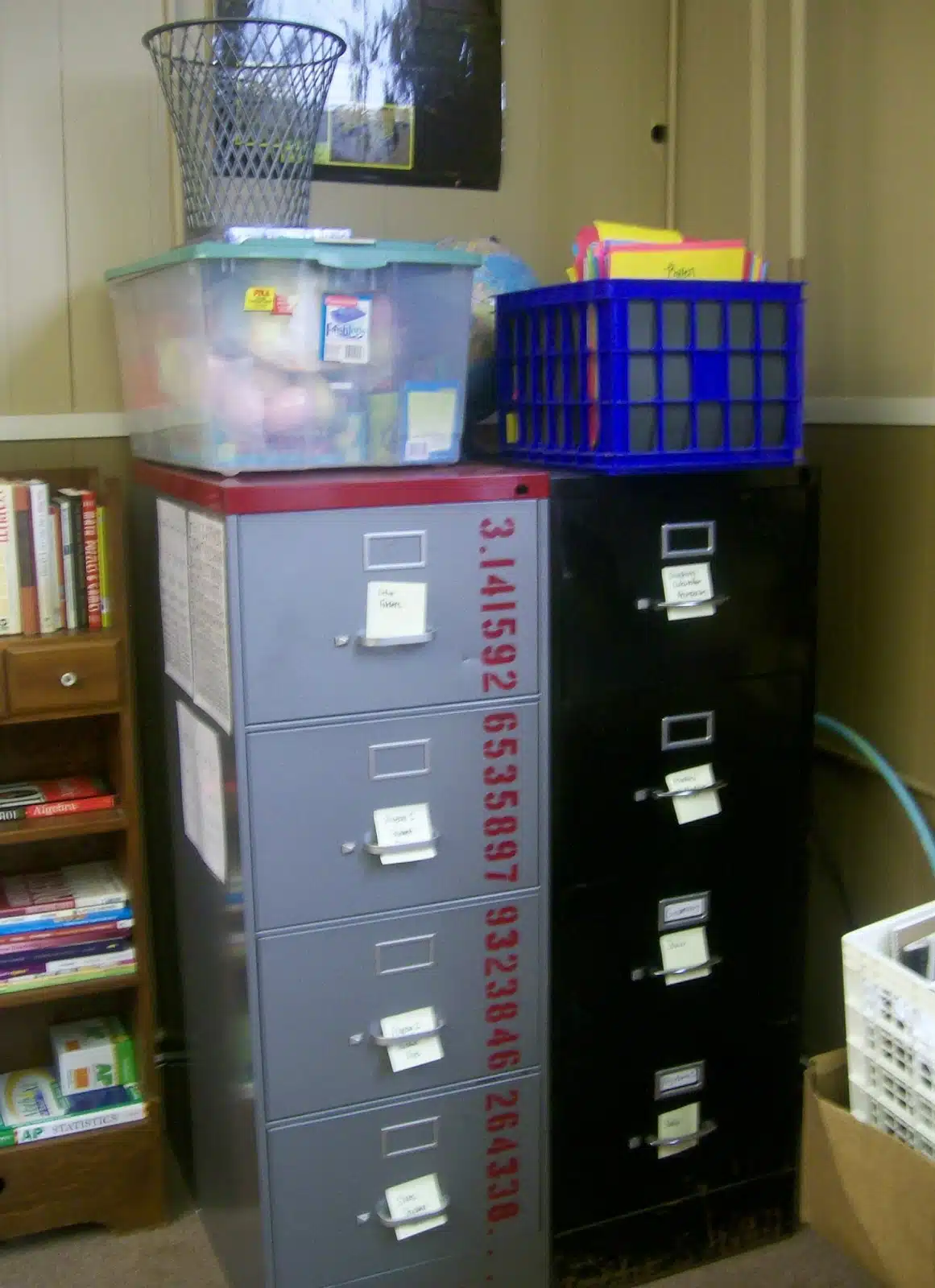 filing cabinets in high school math classroom. 