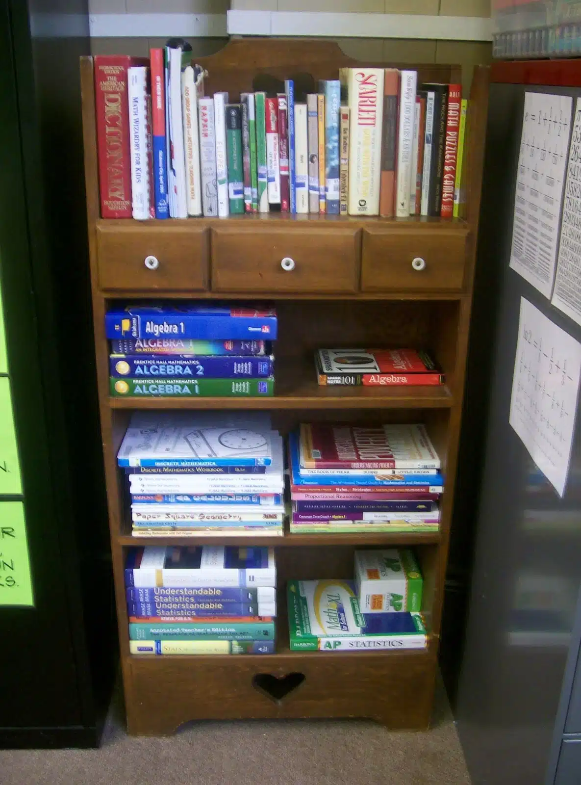 bookshelf in high school math classroom. 