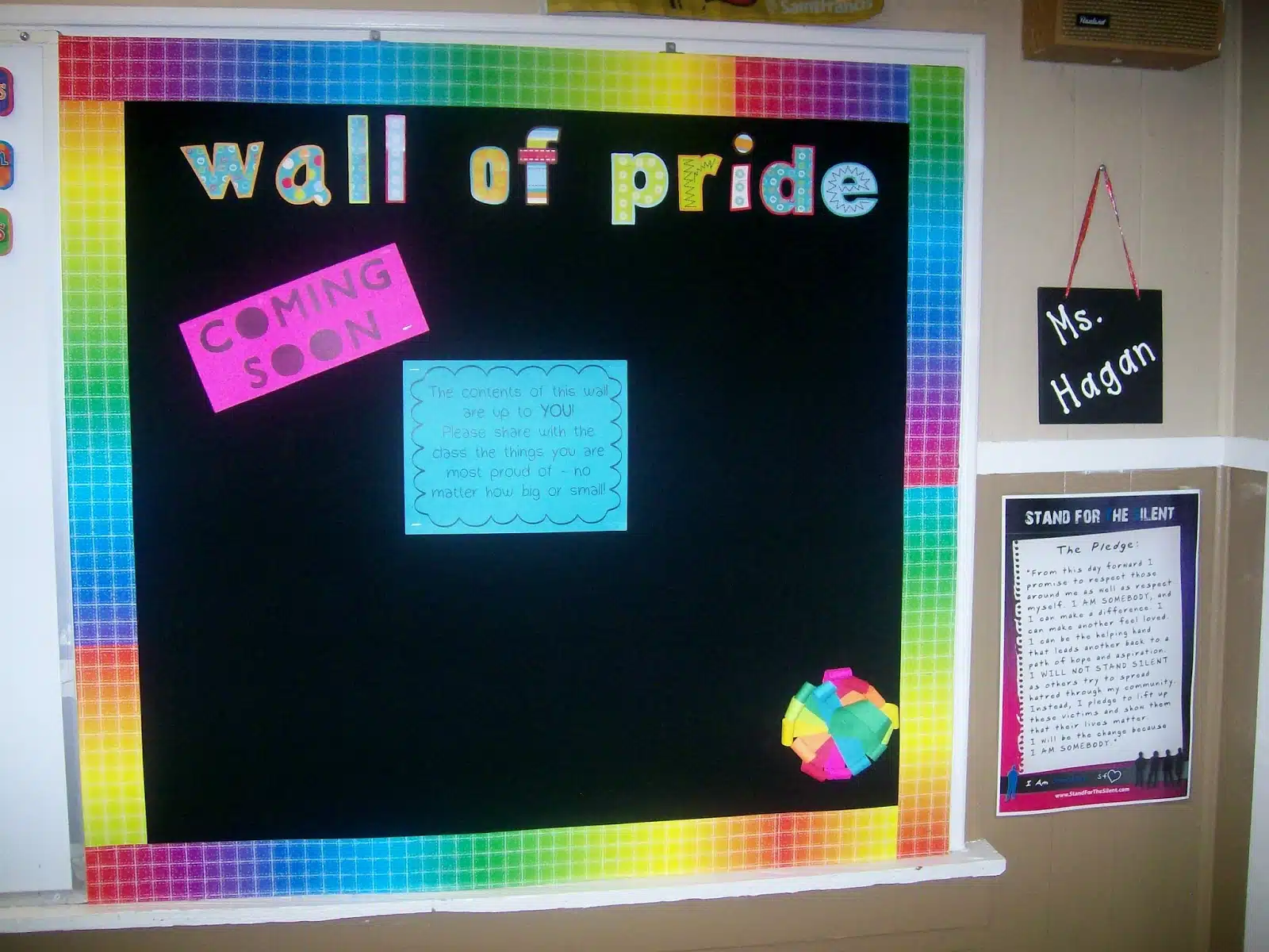 wall of pride bulletin board in high school math classroom. 