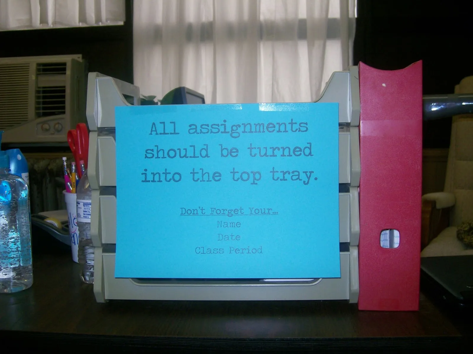 assignment turn in tray with high school math classroom. 