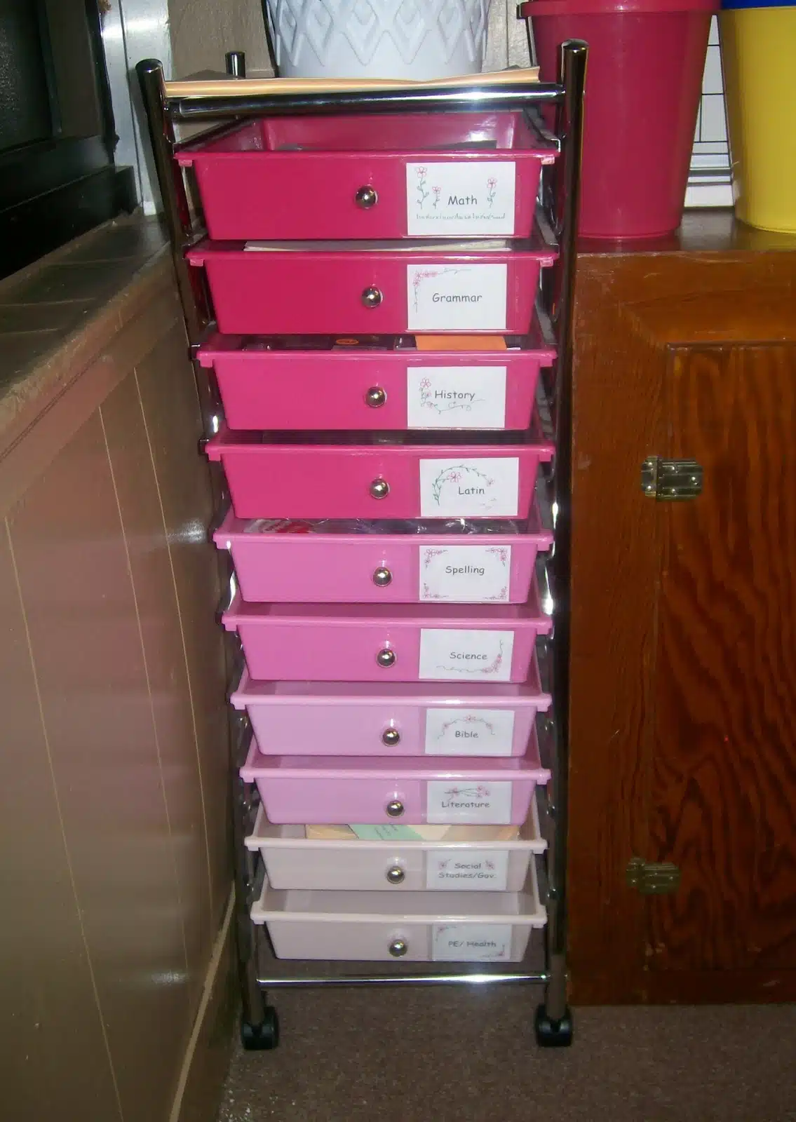 pink multi-drawer cart. 