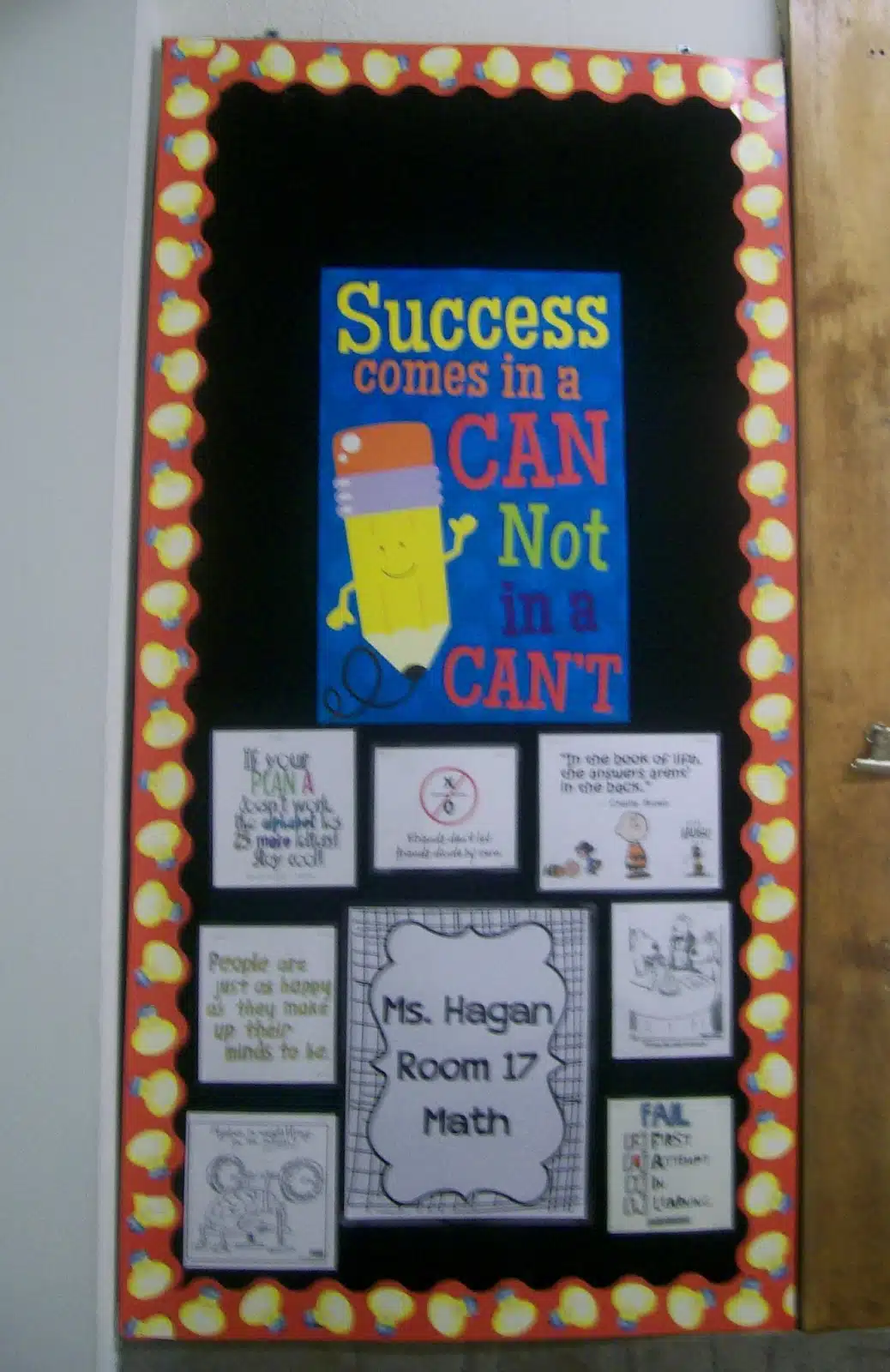 Bulletin board outside high school math classroom. 