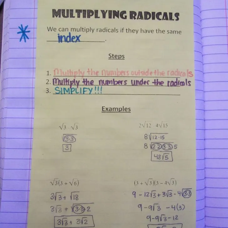 multiplying radicals notes in interactive notebook.