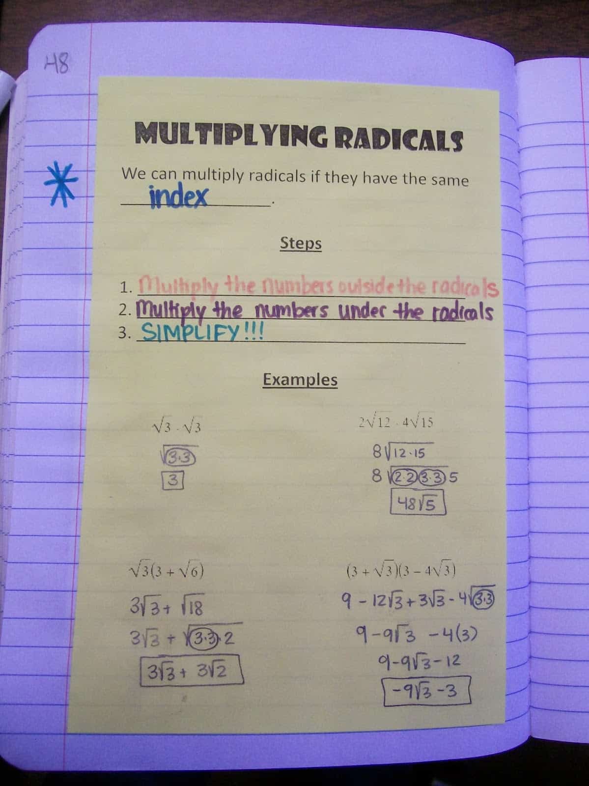 multiplying radicals worksheet