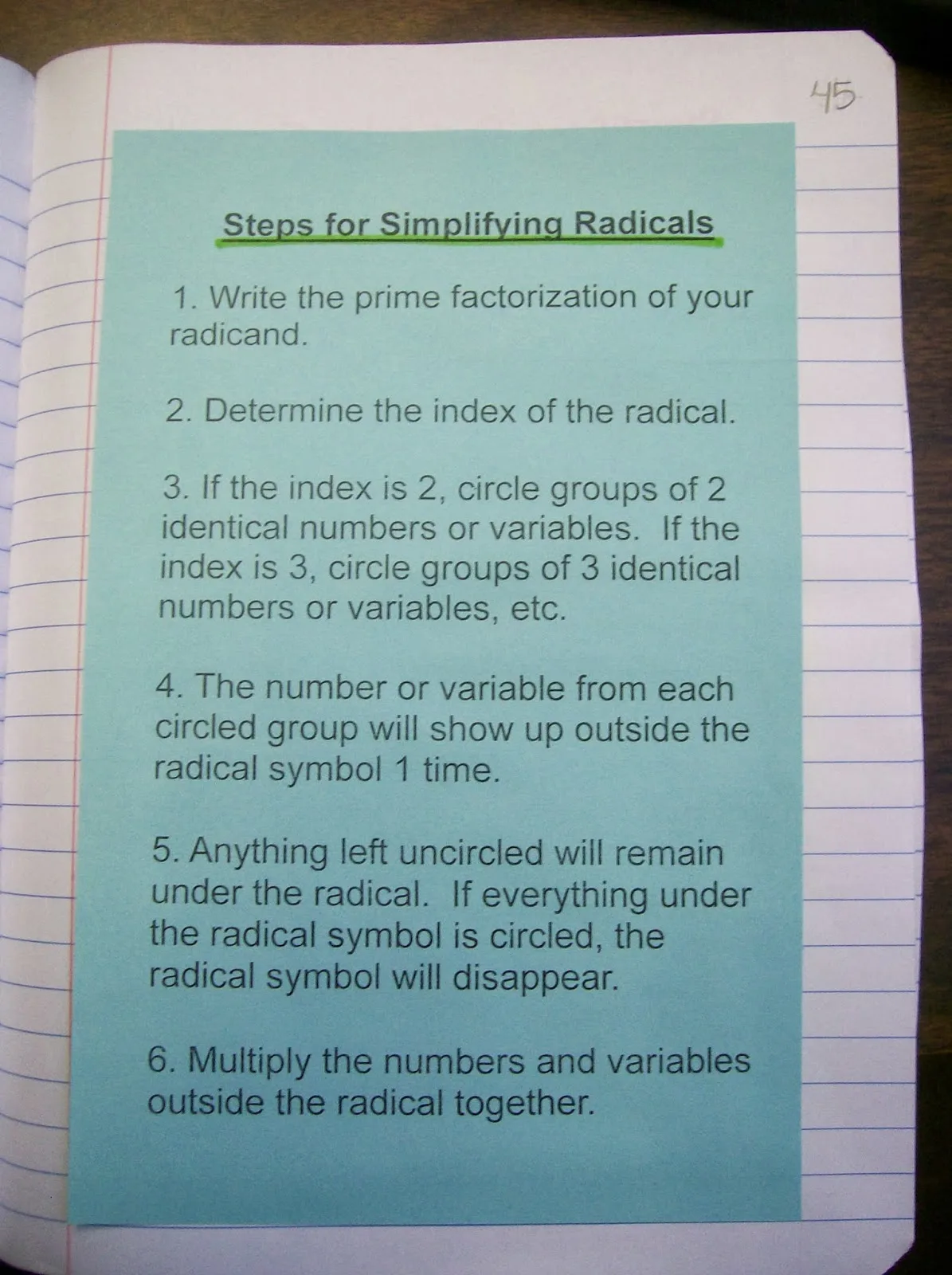 steps for simplifying radicals algebra interactive notebook math