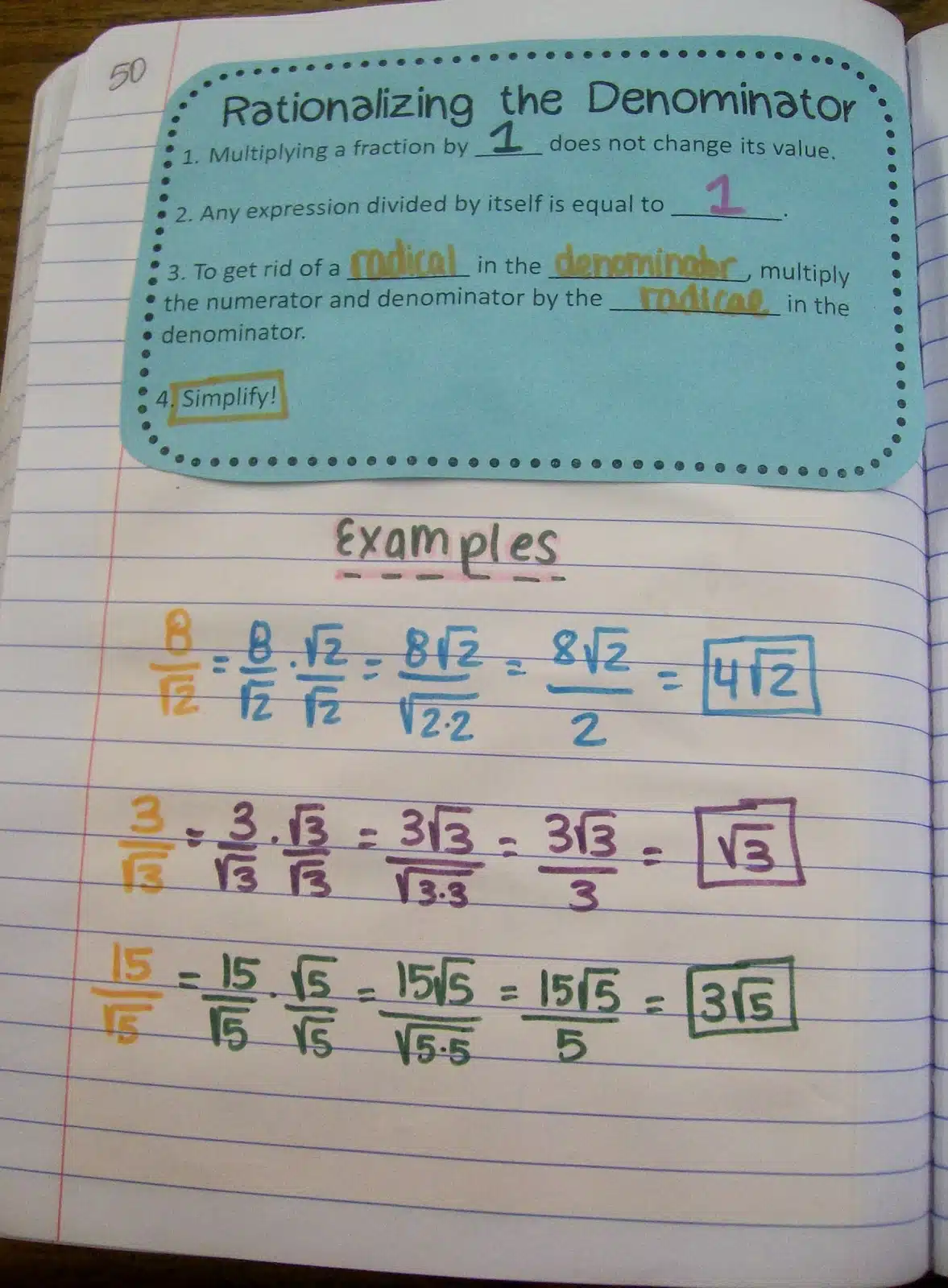 rationalizing the denominator interactive notebook page algebra