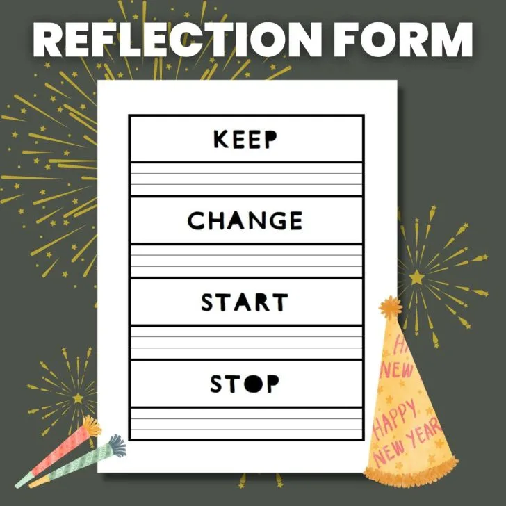 new years reflection form with keep, change, start, and stop prompts