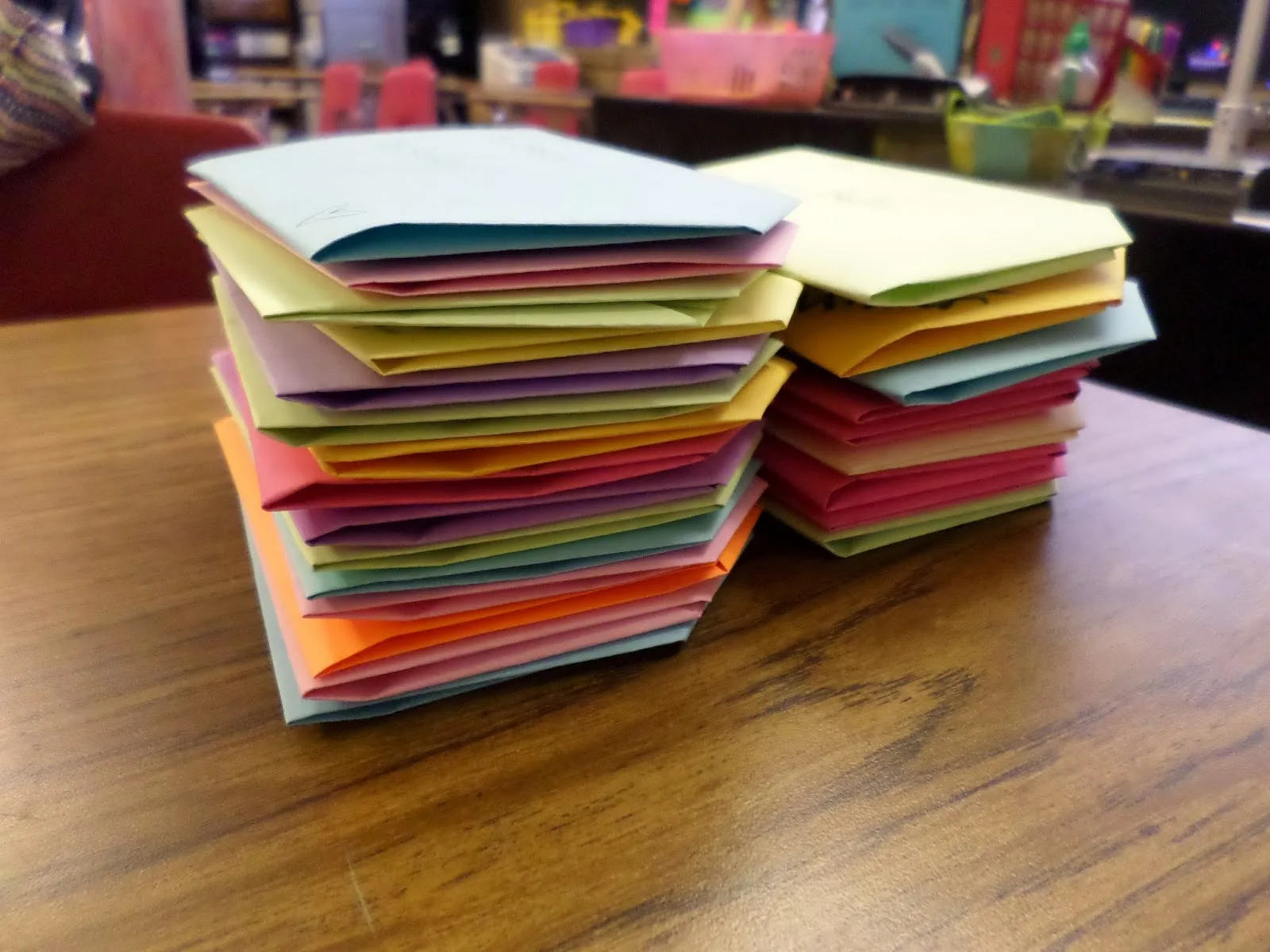stack of origami letters in math classroom. 