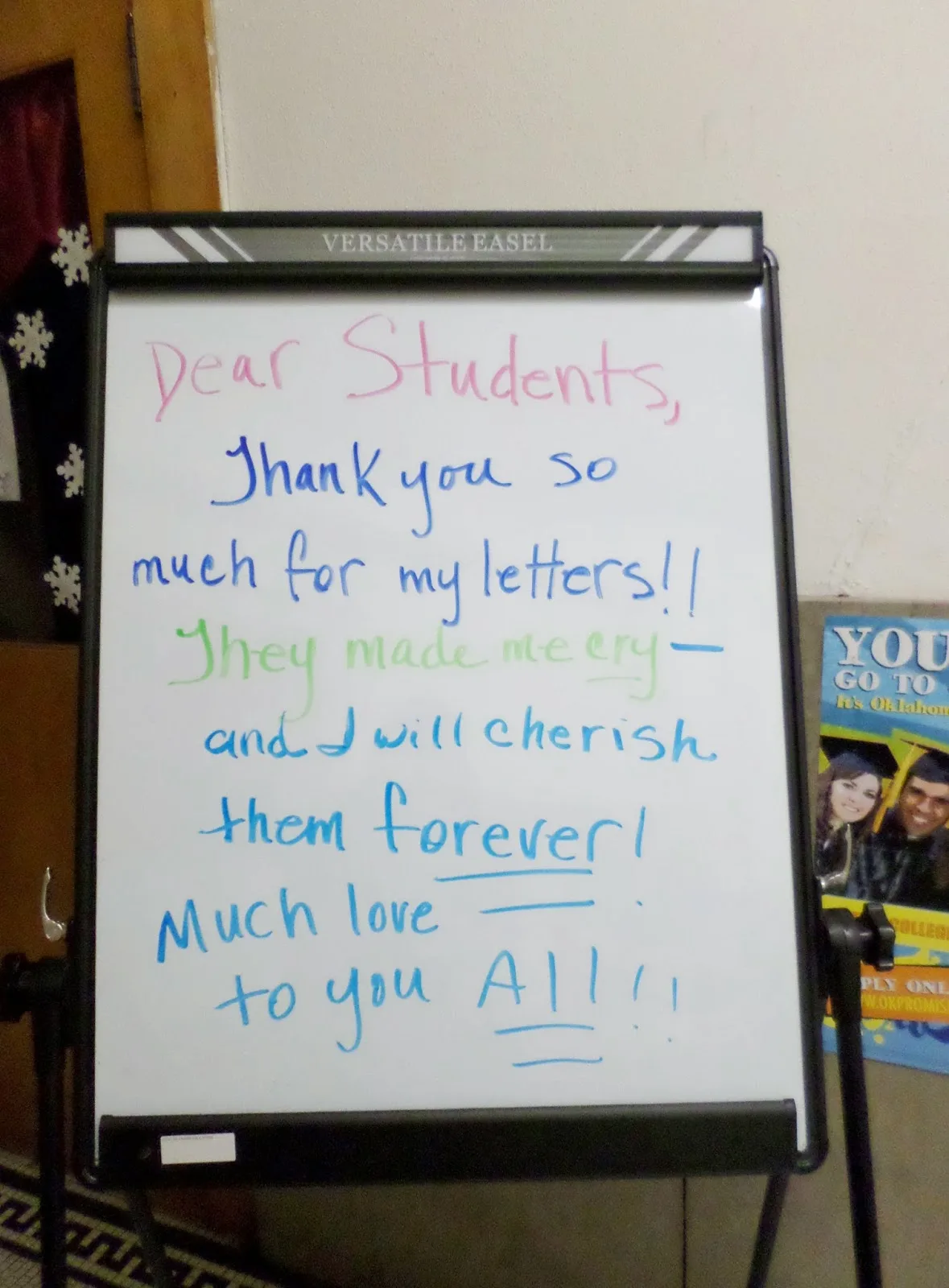 Thank you note on dry erase board for origami letters. 