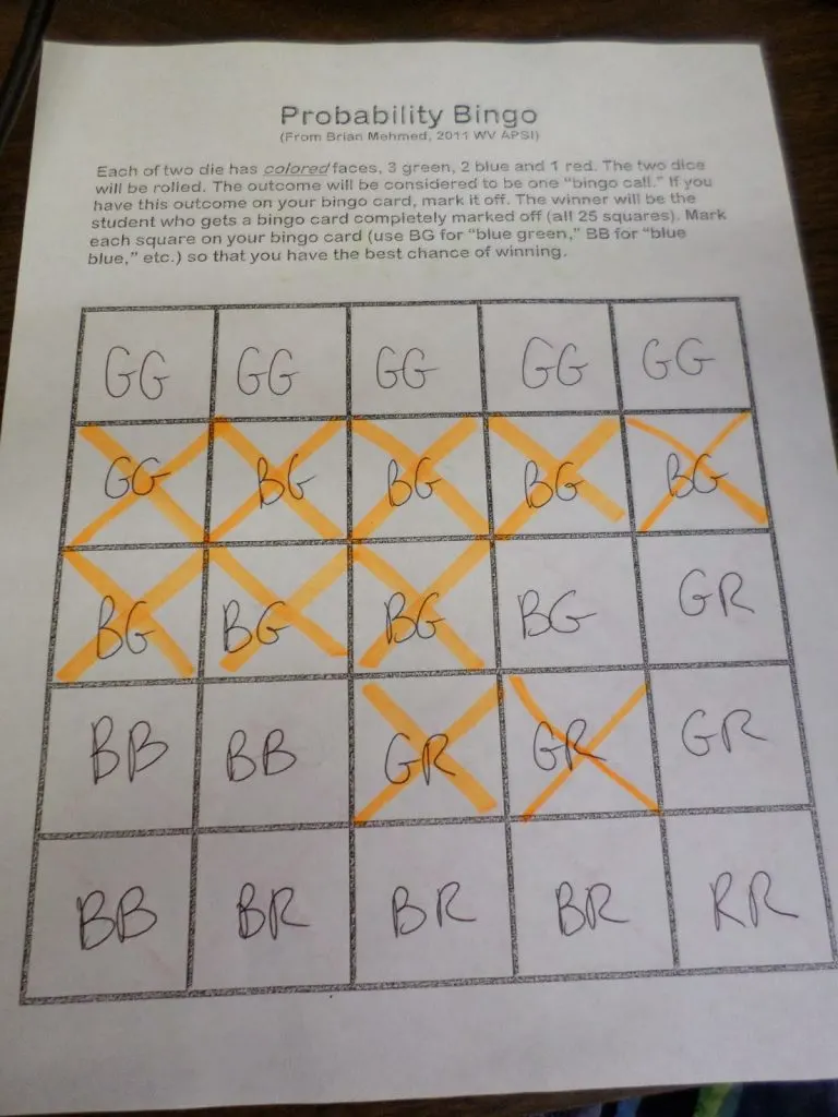 Partially Completed Probability Bingo Game Card