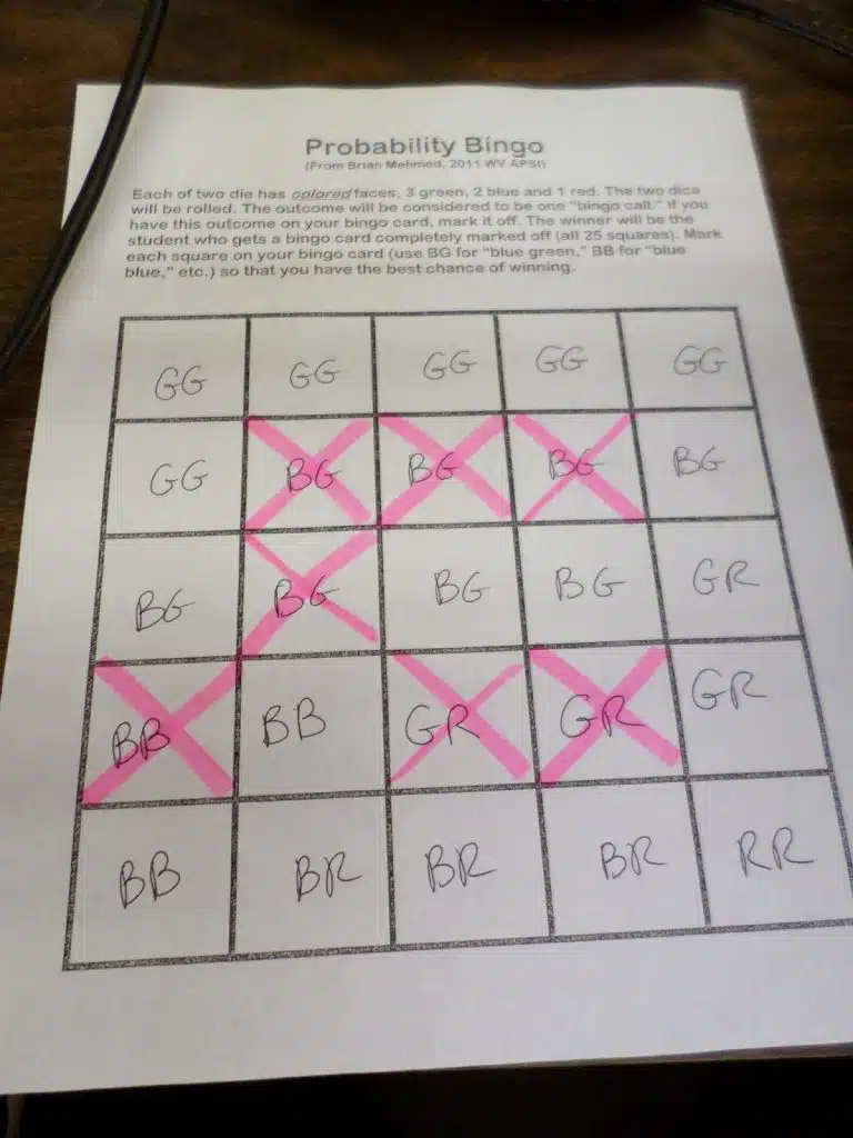 Partially Completed Probability Bingo Game Card