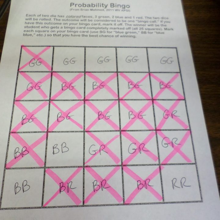 Probability Bingo Game Card.