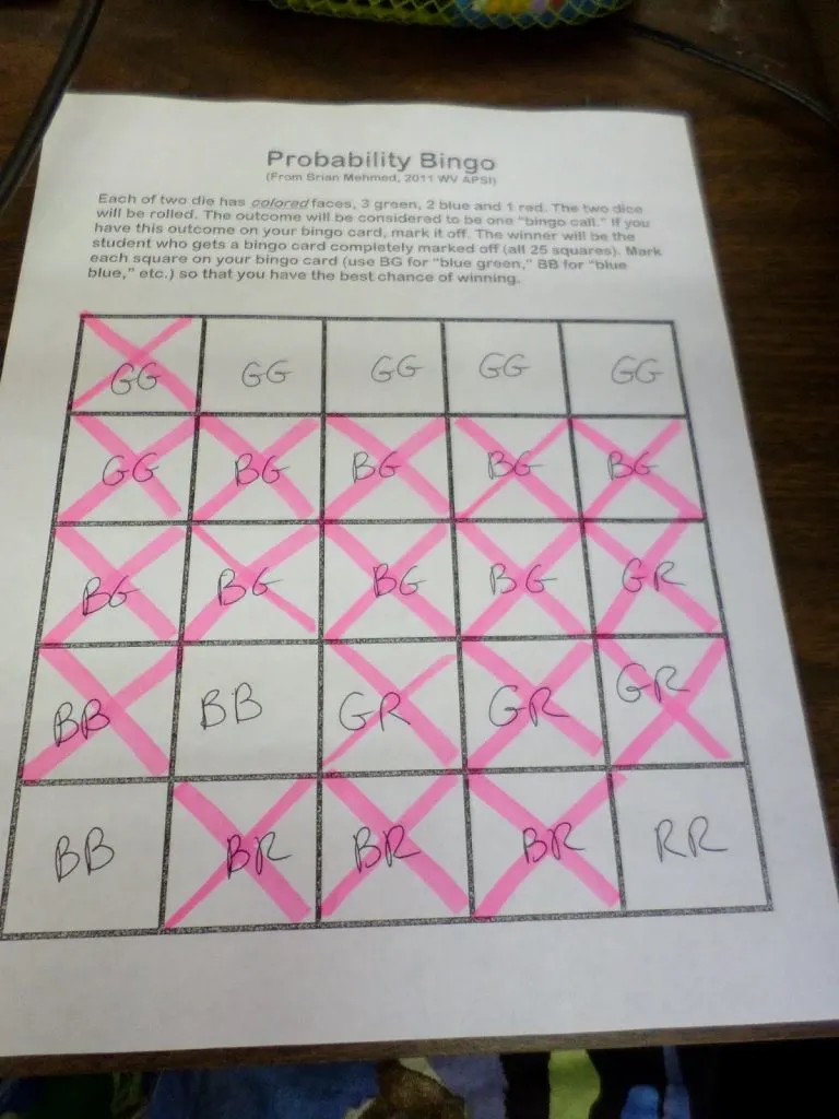 Partially Completed Probability Bingo Game Card