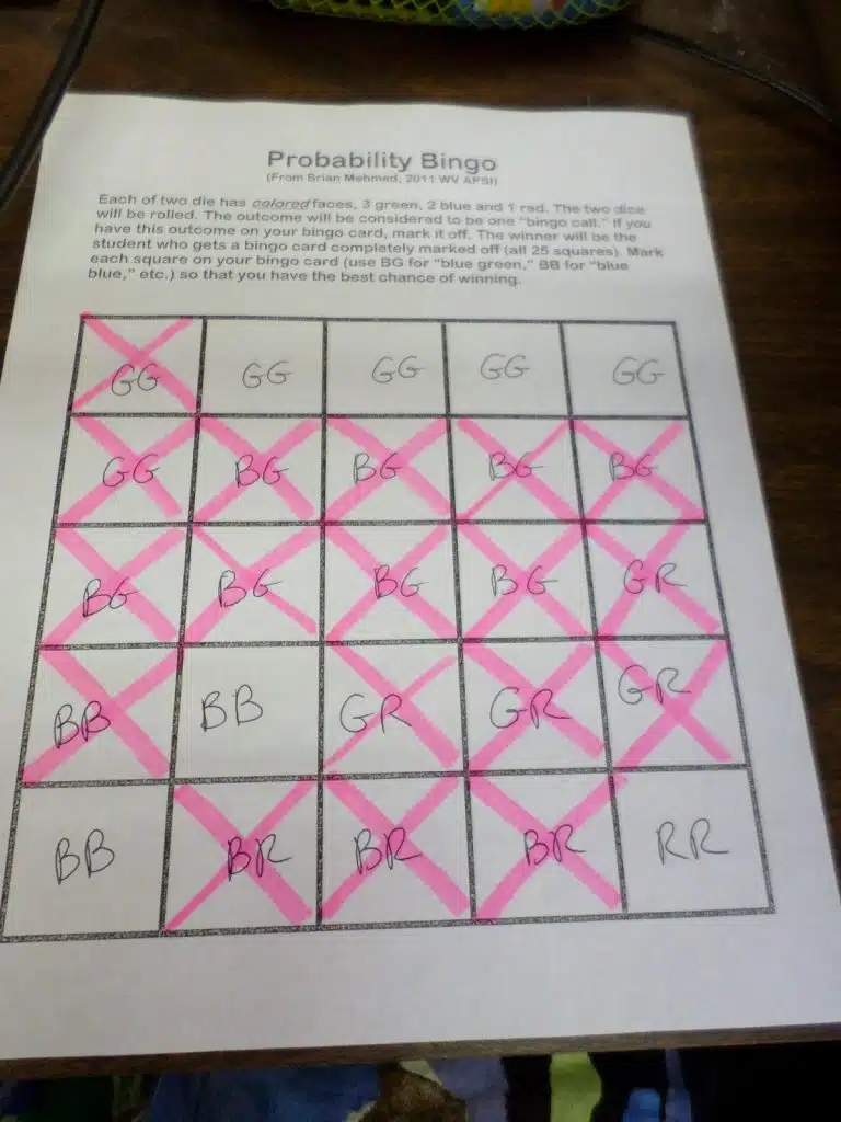 Partially Completed Probability Bingo Game Card