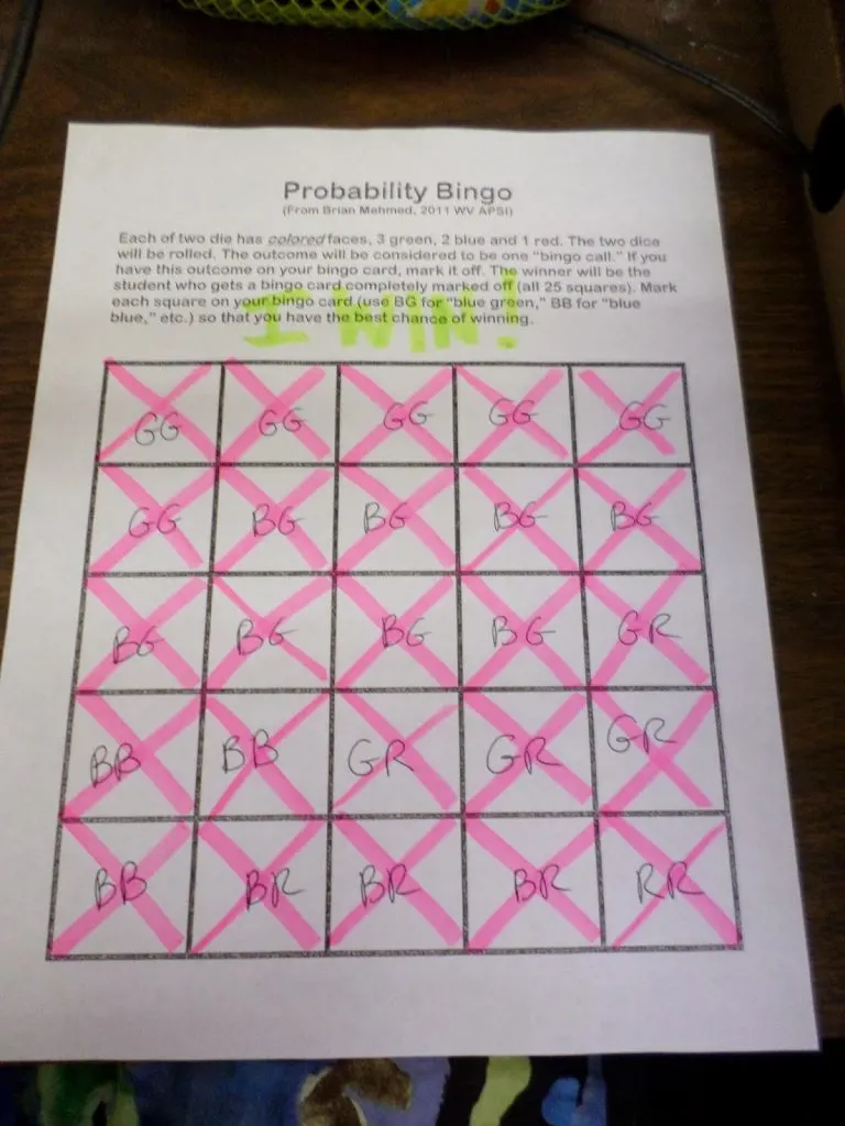 Completed Probability Bingo Game Card