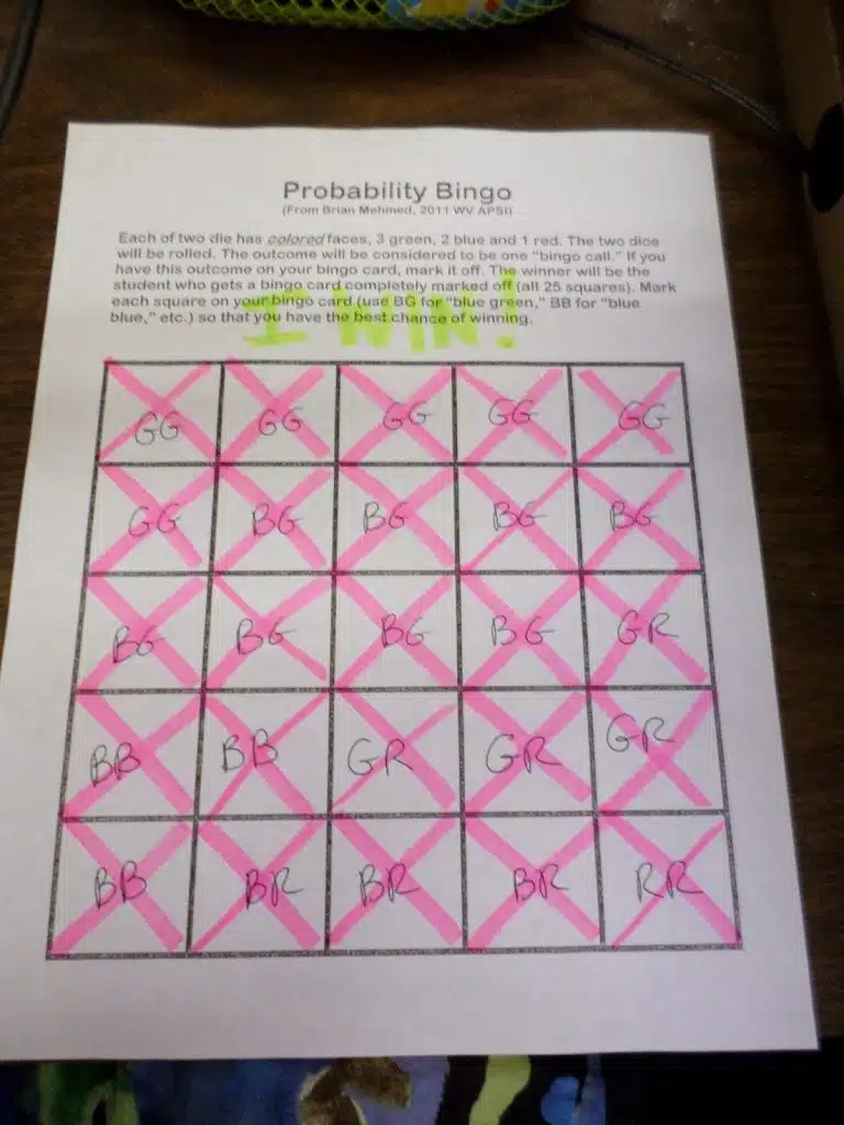 Completed Probability Bingo Game Card