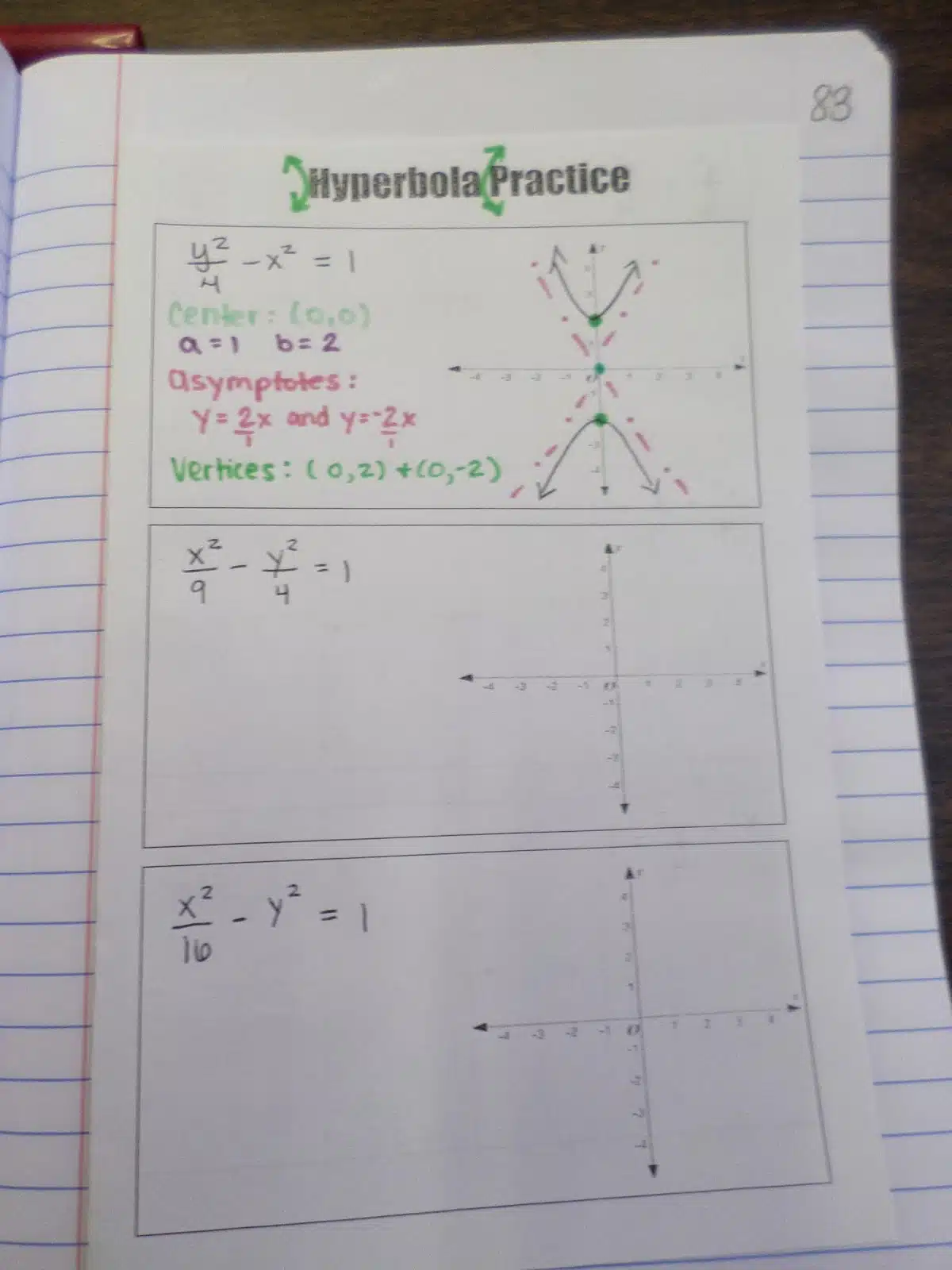 hyperbola conics practice page in interactive notebook. 