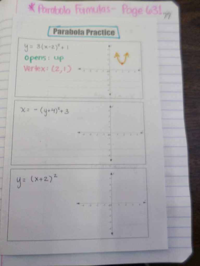 parabola practice page in interactive notebook. 