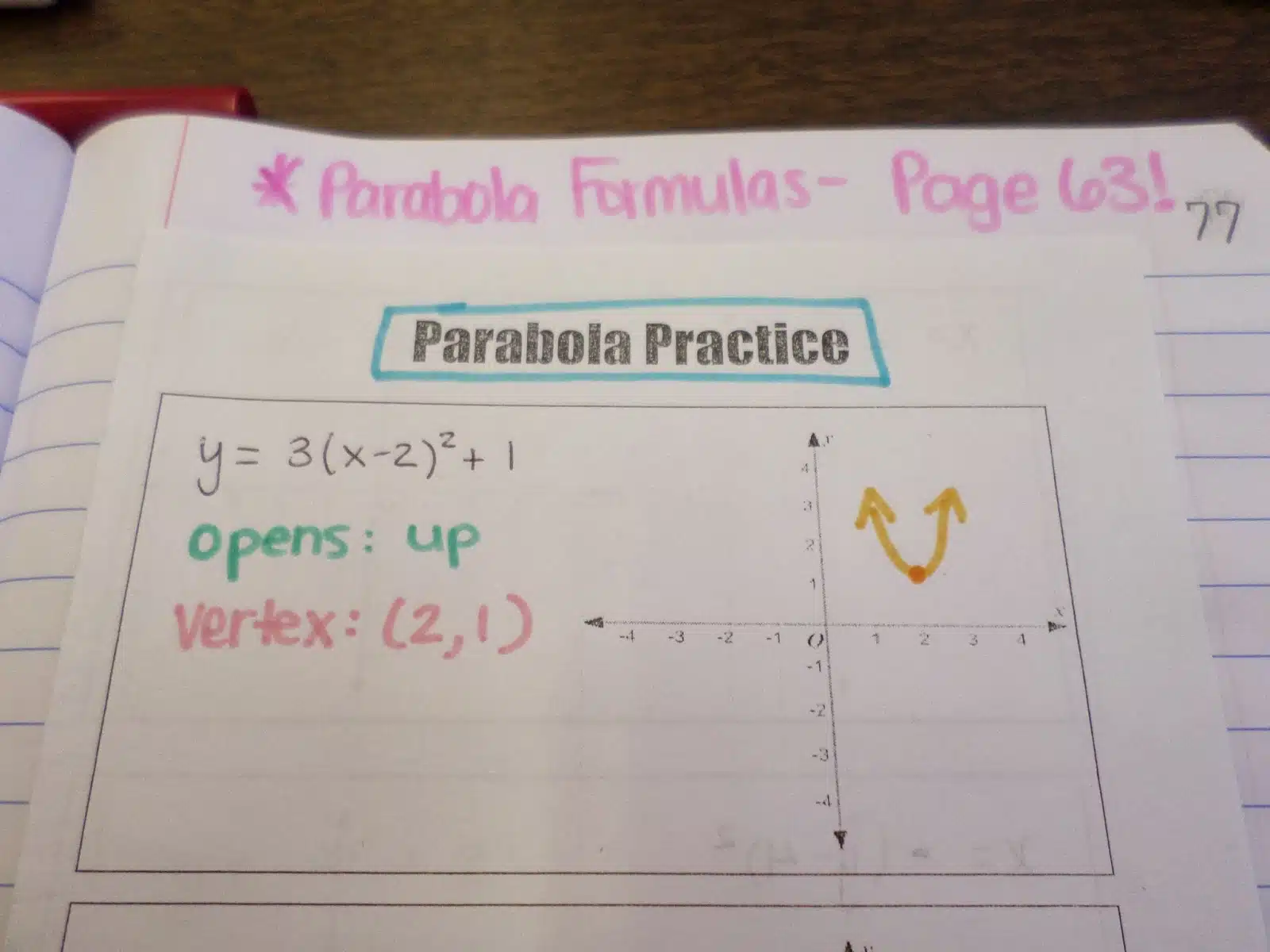 parabola practice page in interactive notebook. 