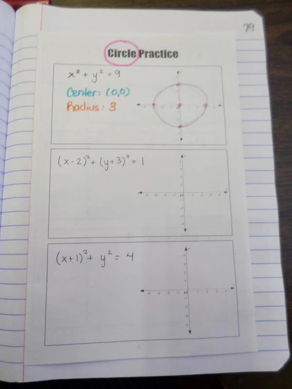 circle conics practice page in interactive notebook. 