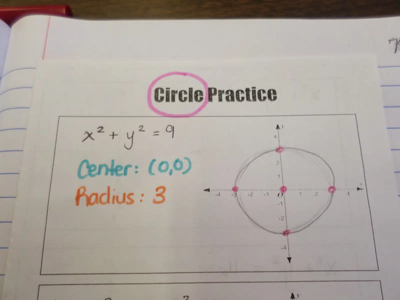 circle conics practice page in interactive notebook. 