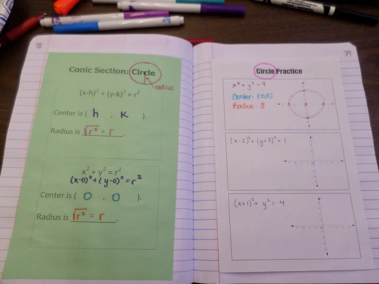 circle conics practice page in interactive notebook. 