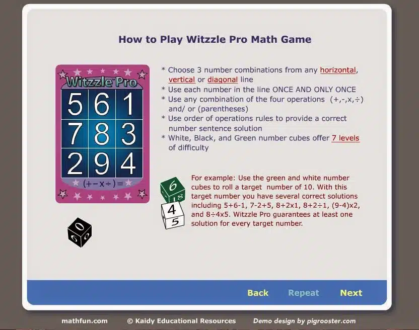 how to play Witzzle Pro Math Game instructions. 