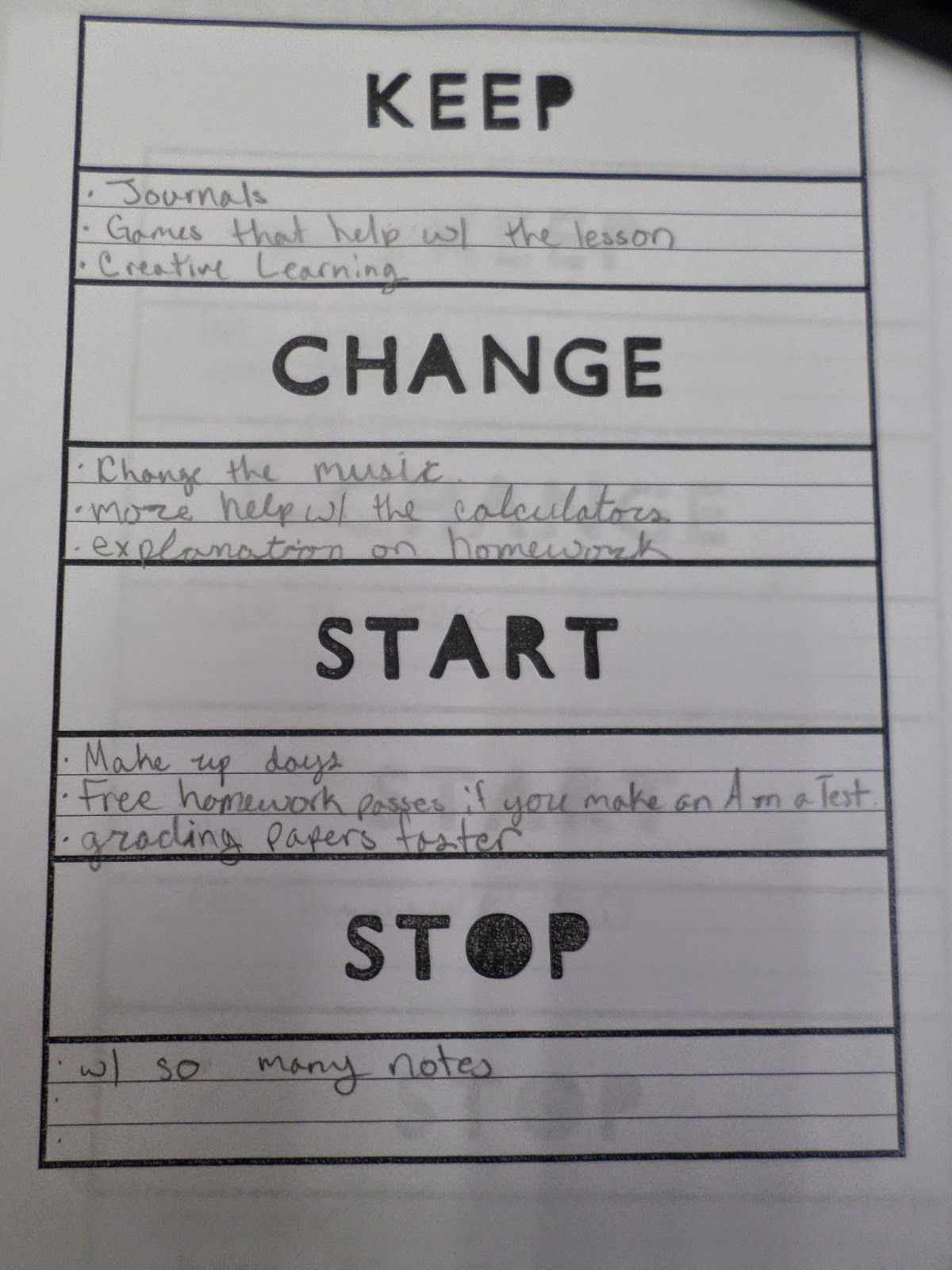 student replies to keep change start stop reflection form 