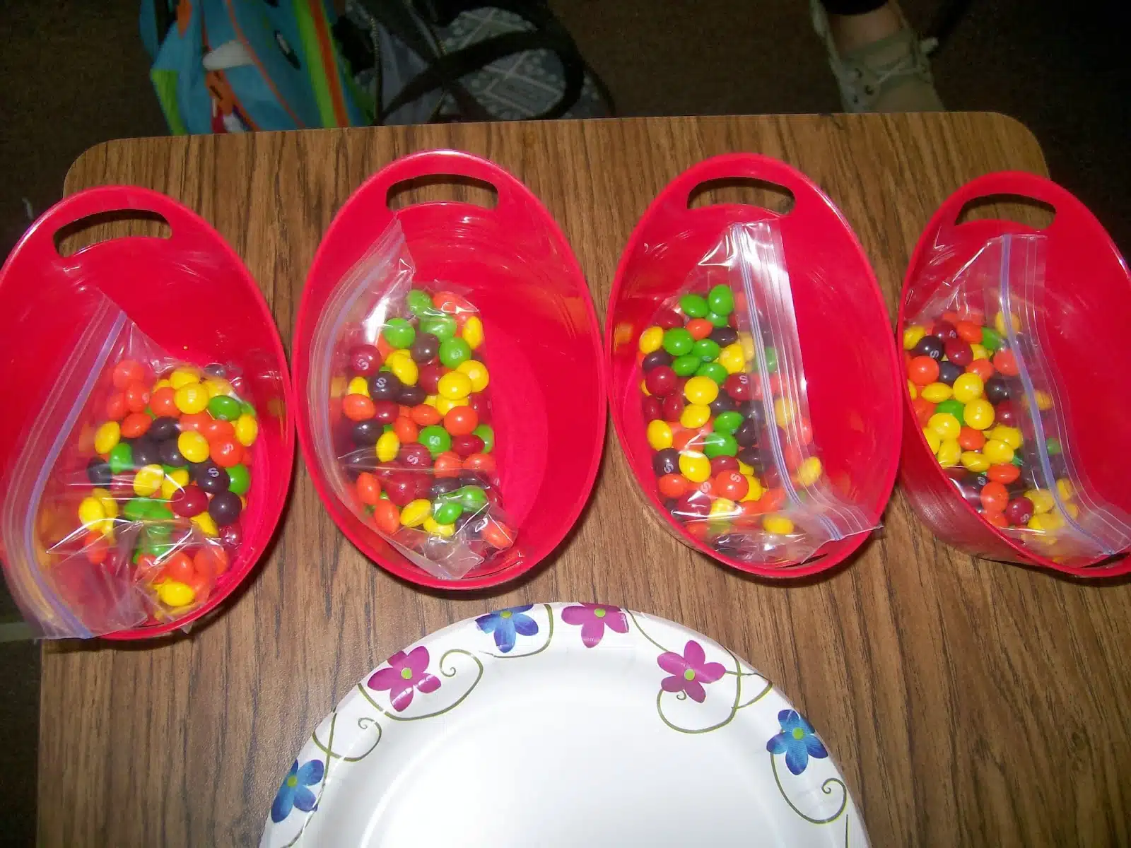 skittles in small baskets from dollar tree. 