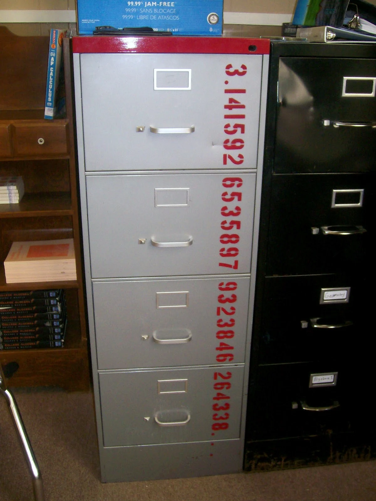 file cabinet with digits of pi stenciled on it. 