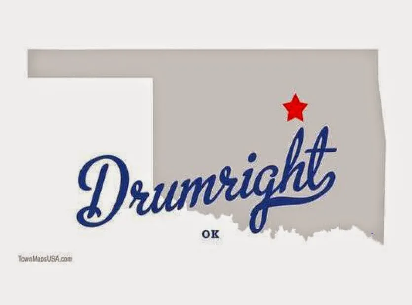 Map of Oklahoma with Star on Drumright. 