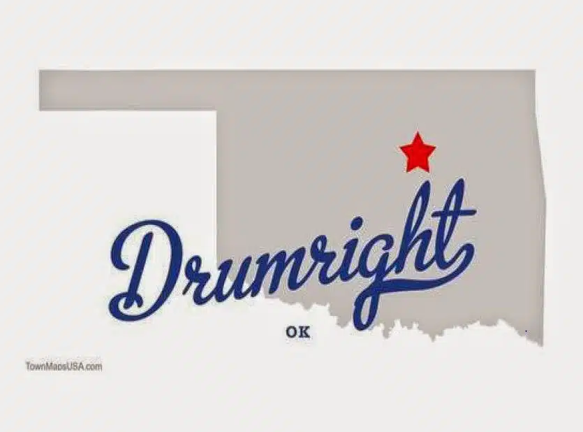 Map of Oklahoma with Star on Drumright. 