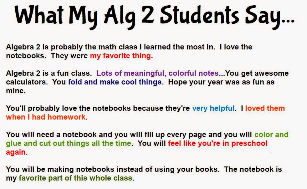 Quotes from my Algebra 2 students about note-taking. 