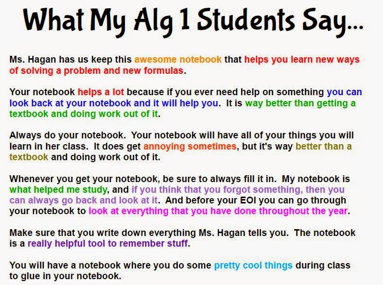 Quotes from Algebra 1 students about note-taking. 