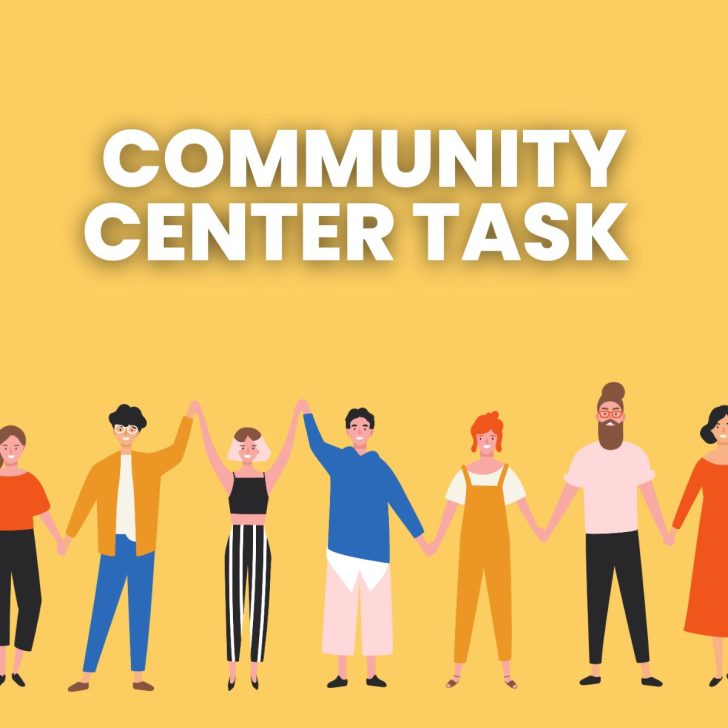 line of people holding hands with text above: "Community Center Task"