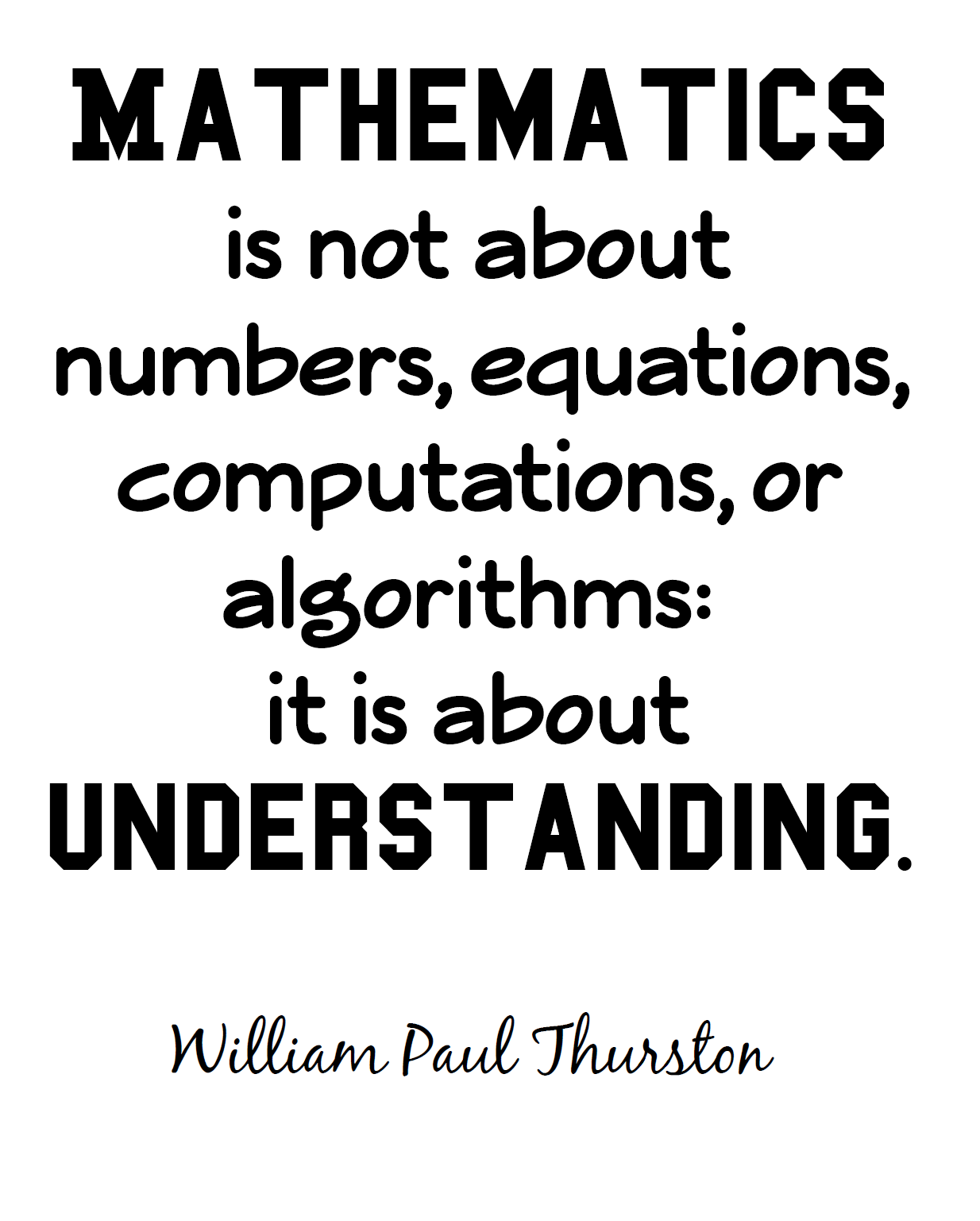 Math Quote Poster - Mathematics is not about numbers, equations, computations, or algorithms: it is about understanding.  - William Paul Thurston
