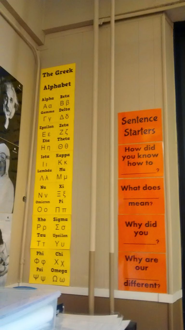 greek alphabet poster in high school math classroom.