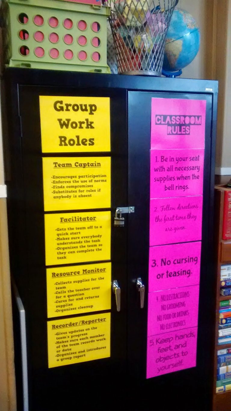 classroom rules posters hanging on cabinet in math classroom.