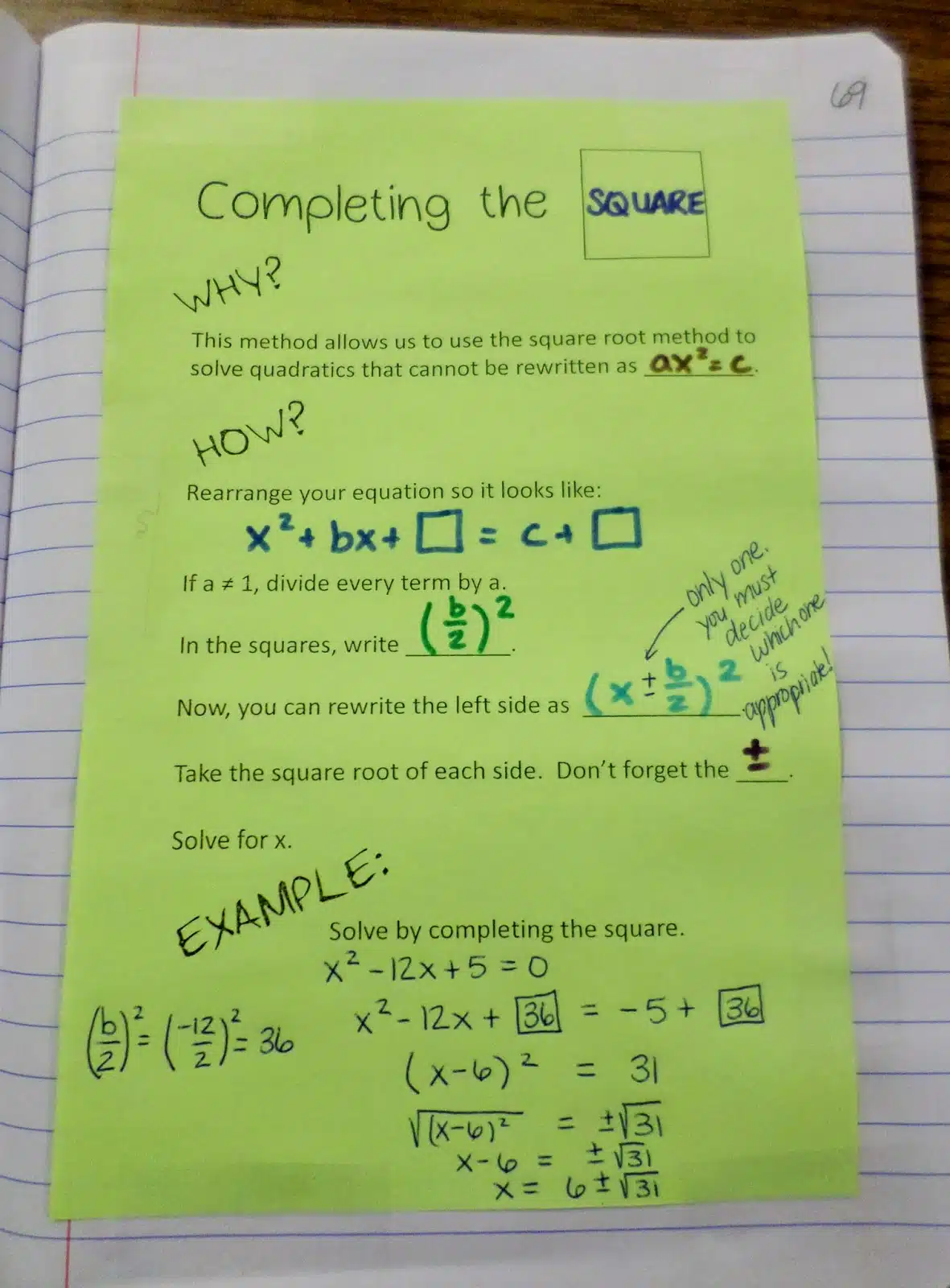 Completing the Square Graphic Organizer in Algebra Interactive Notebook