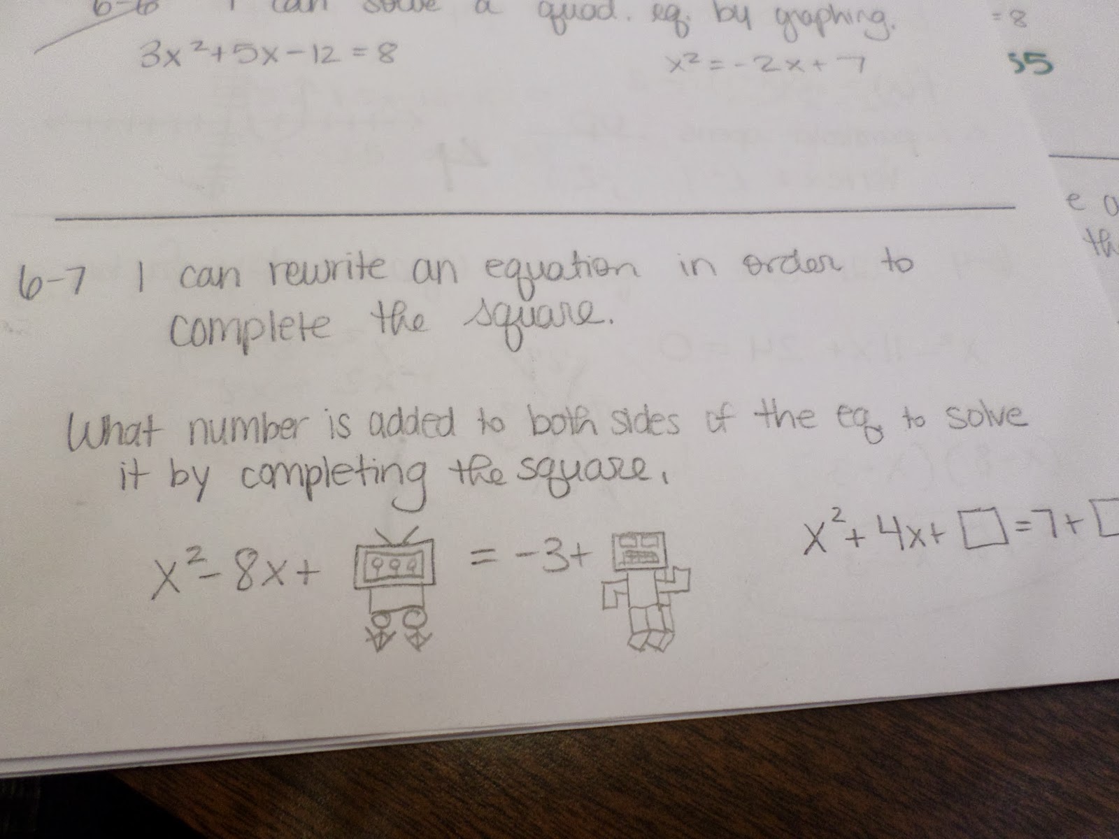 student answer to completing the square problem. 
