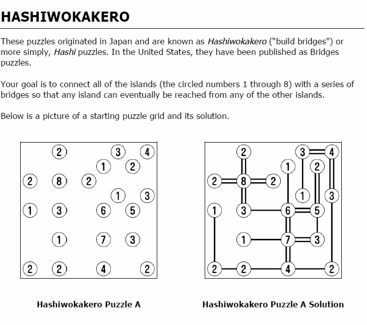 hashiwokakero puzzle example and solution.