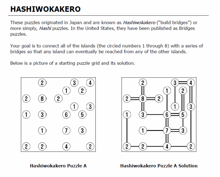 hashiwokakero puzzle example and solution.